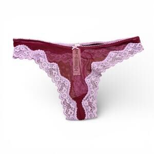 Victoria's Secret TEASE MESH LACE-TRIM HIGH-LEG THONG PANTY M Campari Red